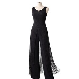 Vintage Dressbarn Minimalist Black Lace Fringe Jumpsuit 90s Editorial Evening